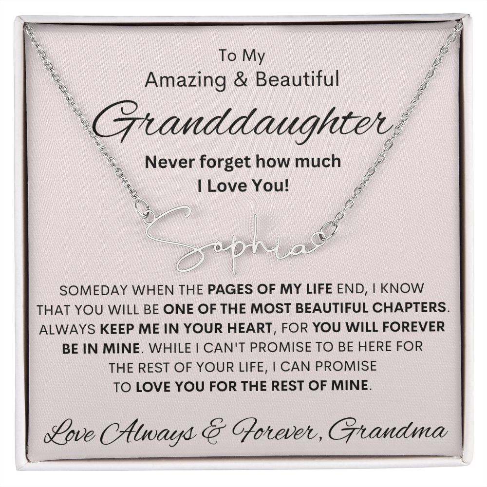 Granddaughter from Grandma, Signature Name Necklace, Birthday, Sweet 16, Bat Mitvah, Graduation, Easter, Communion, Confirmation, Holiday