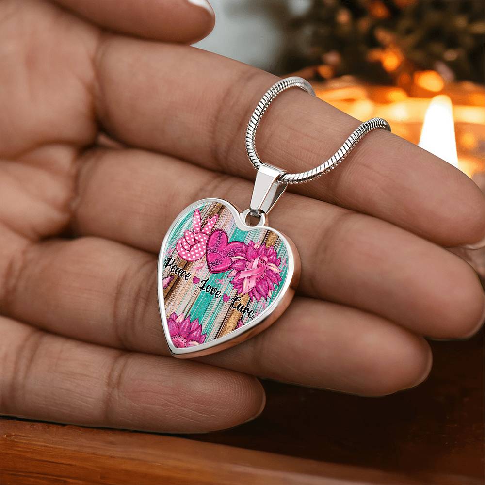 Peace Love Cure Breast Cancer Heart Pendant Necklace