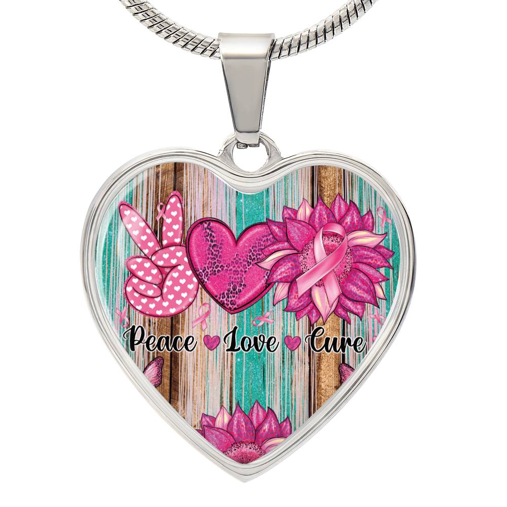 Peace Love Cure Breast Cancer Heart Pendant Necklace