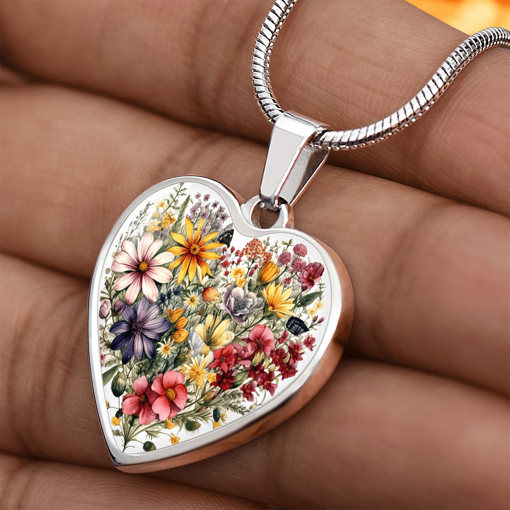 Personalized Wildflower Heart Pendant Necklace