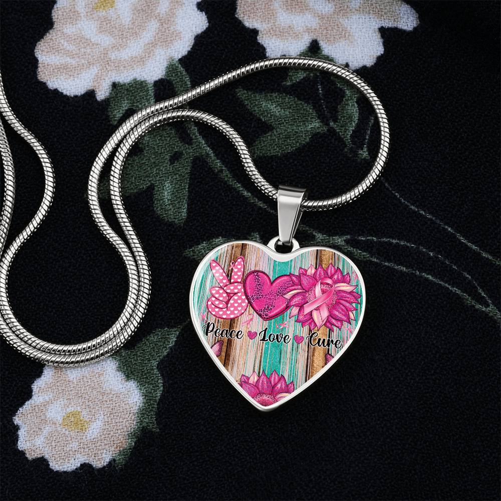 Peace Love Cure Breast Cancer Heart Pendant Necklace