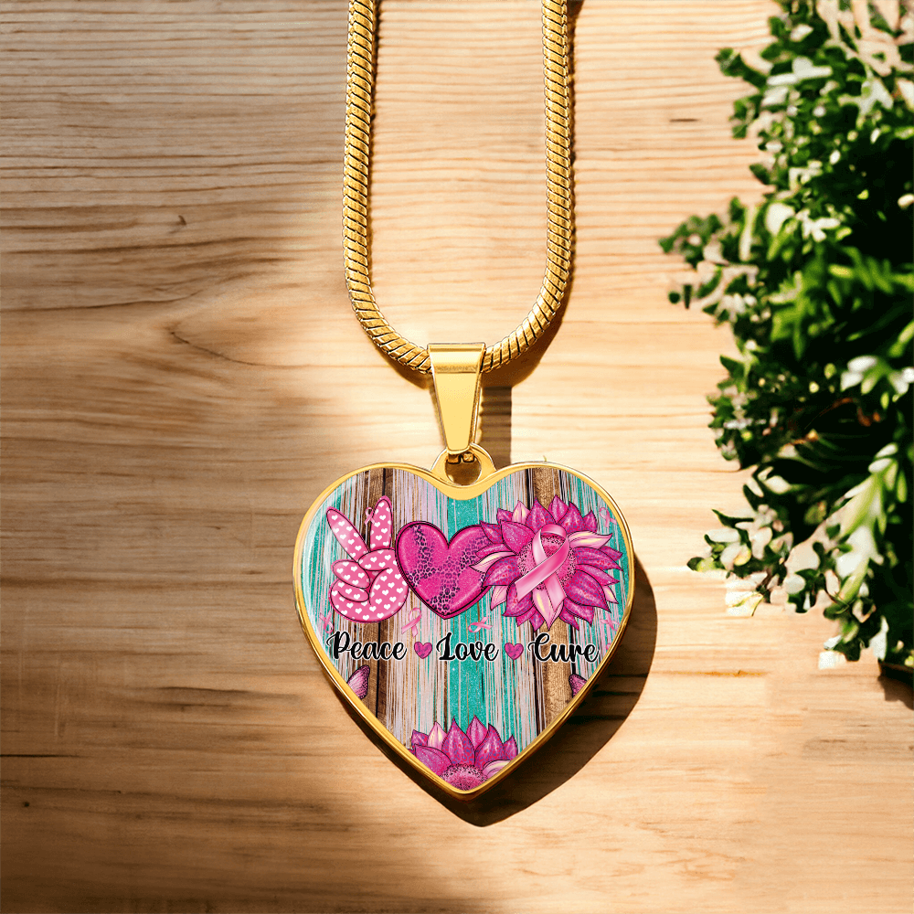 Peace Love Cure Breast Cancer Heart Pendant Necklace