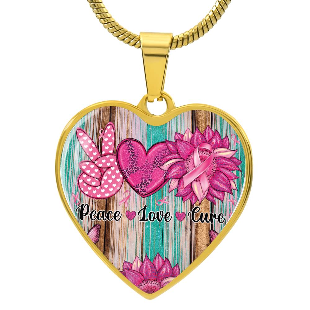 Peace Love Cure Breast Cancer Heart Pendant Necklace