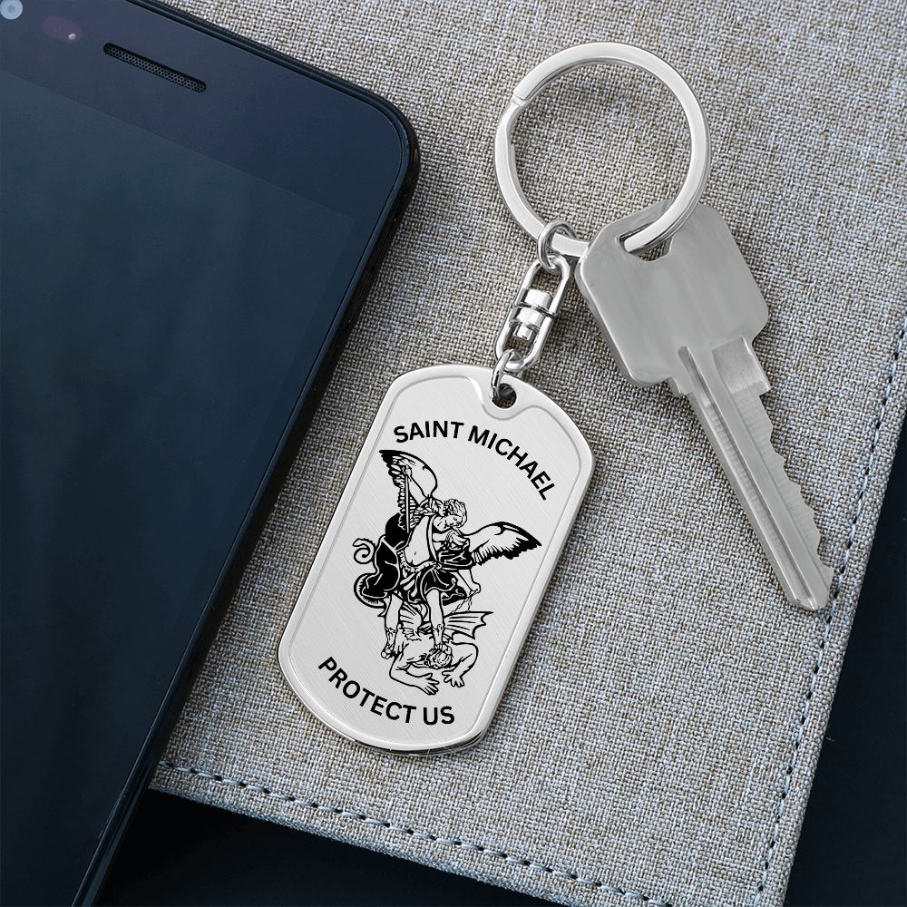 Saint Michael Protect Us Dog Tag Keychain