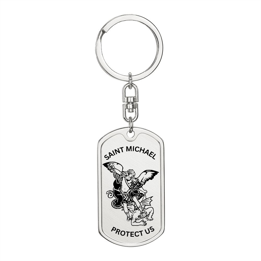 Saint Michael Protect Us Dog Tag Keychain