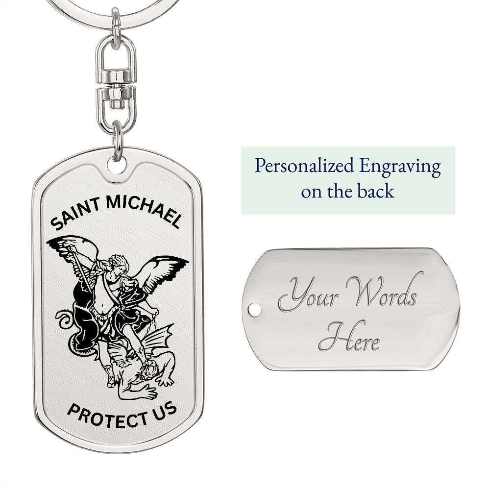 Saint Michael Protect Us Dog Tag Keychain