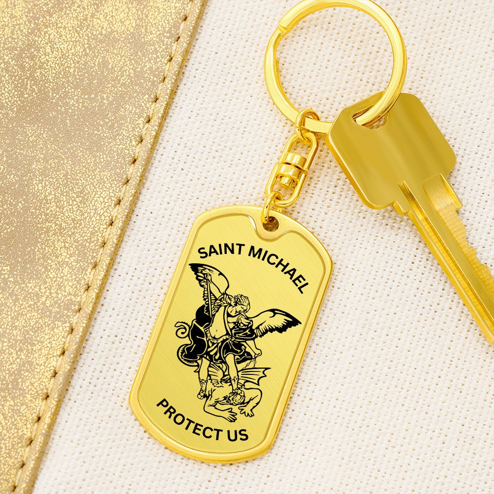 Saint Michael Protect Us Dog Tag Keychain