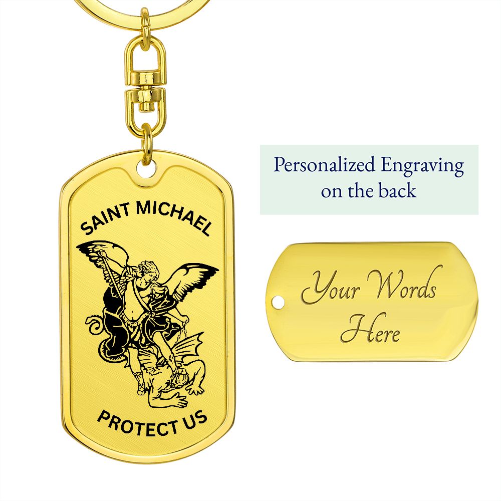 Saint Michael Protect Us Dog Tag Keychain