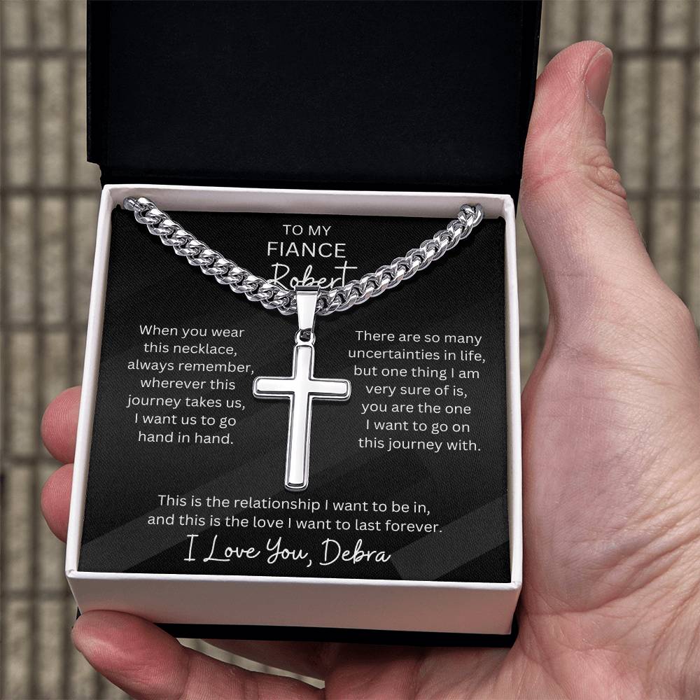 Personalized Fiance Cubin Link Chain With Engravable Cross Pendant Necklace