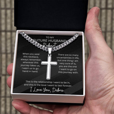 Personalized Future Husband Cubin Link Chain With Engravable Cross Pendant Necklace