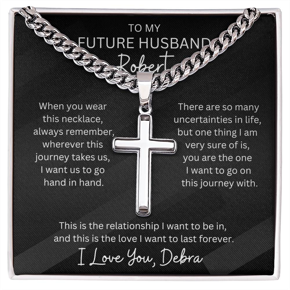 Personalized Future Husband Cubin Link Chain With Engravable Cross Pendant Necklace