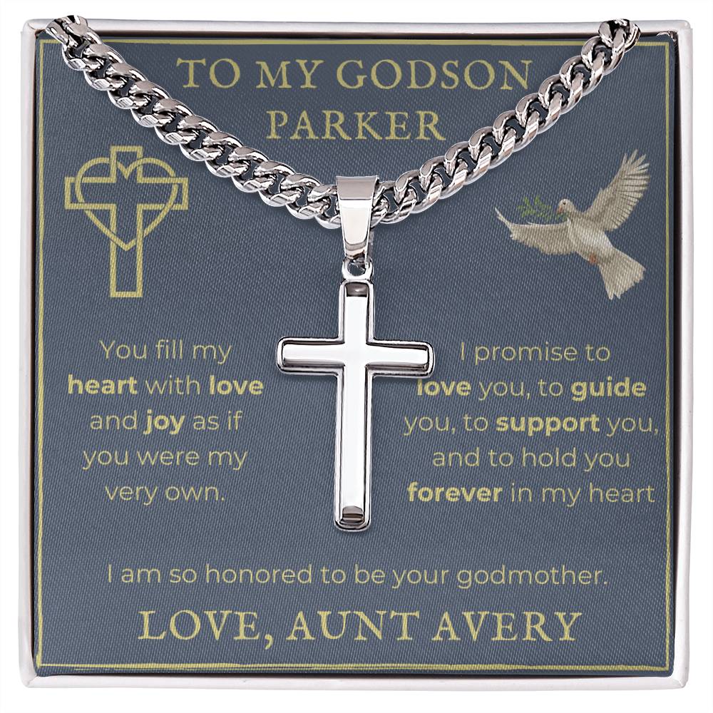 Personalized Godson Cuban Chain with Engravable Artisan Cross Necklace