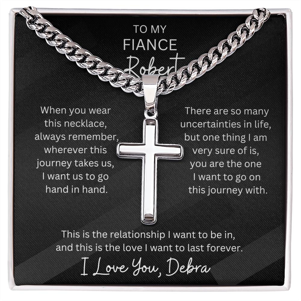 Personalized Fiance Cubin Link Chain With Engravable Cross Pendant Necklace