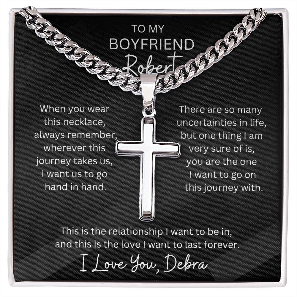 Personalized Boyfriend Cubin Link Chain With Engravable Cross Pendant Necklace