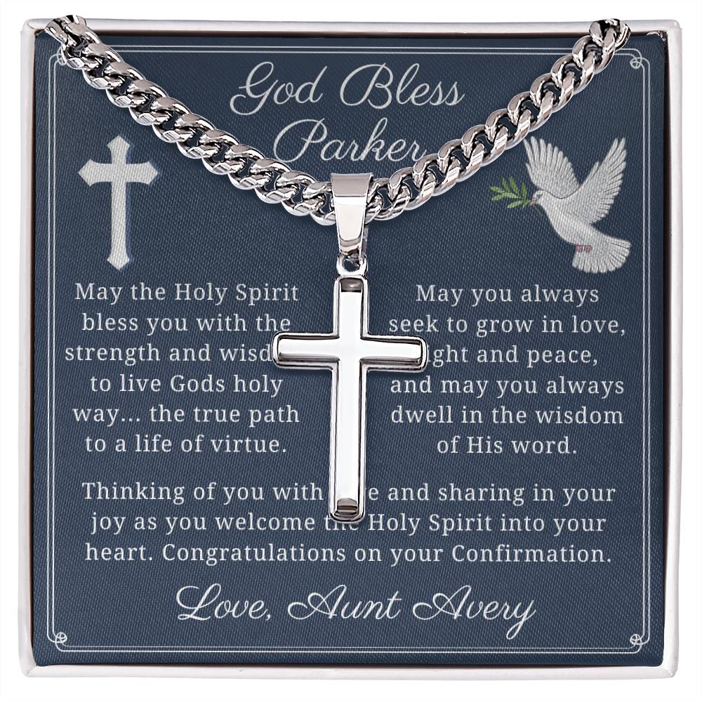 Personalized Confirmation Cuban Chain with Engravable Artisan Cross Necklace