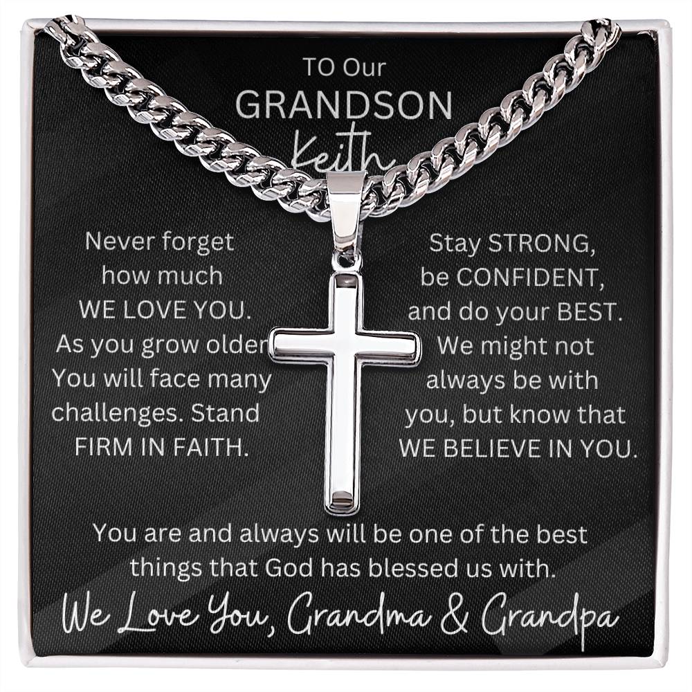 Personalized Grandson Cubin Link Chain & Engravable Cross Pendant Necklace