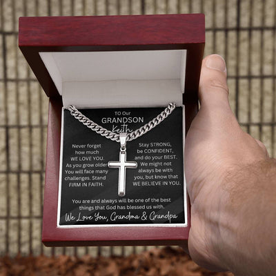 Personalized Grandson Cubin Link Chain & Engravable Cross Pendant Necklace