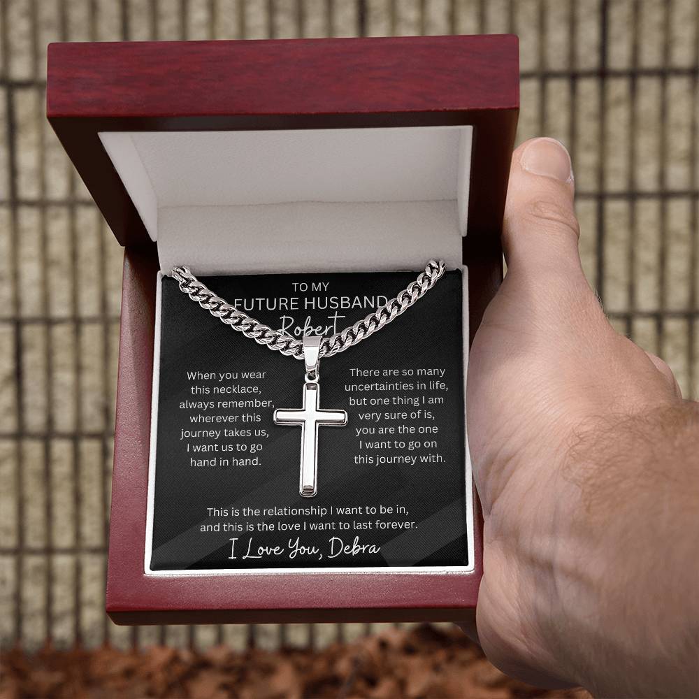 Personalized Future Husband Cubin Link Chain With Engravable Cross Pendant Necklace