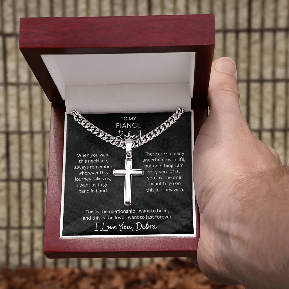 Personalized Fiance Cubin Link Chain With Engravable Cross Pendant Necklace