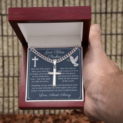 Personalized Confirmation Cuban Chain with Engravable Artisan Cross Necklace