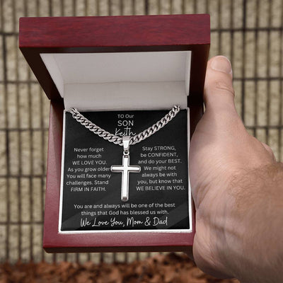 Personalized Son Cubin Link Chain & Engravable Cross Pendant Necklace