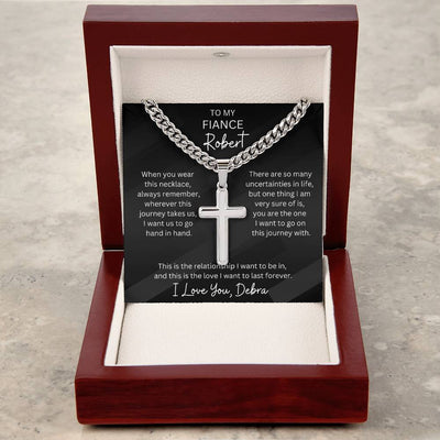 Personalized Fiance Cubin Link Chain With Engravable Cross Pendant Necklace