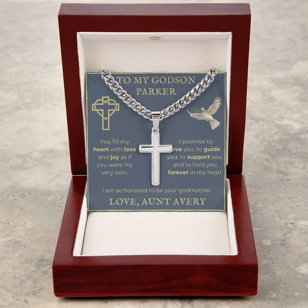 Personalized Godson Cuban Chain with Engravable Artisan Cross Necklace