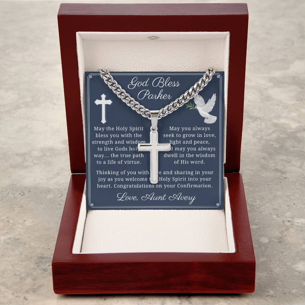 Personalized Confirmation Cuban Chain with Engravable Artisan Cross Necklace