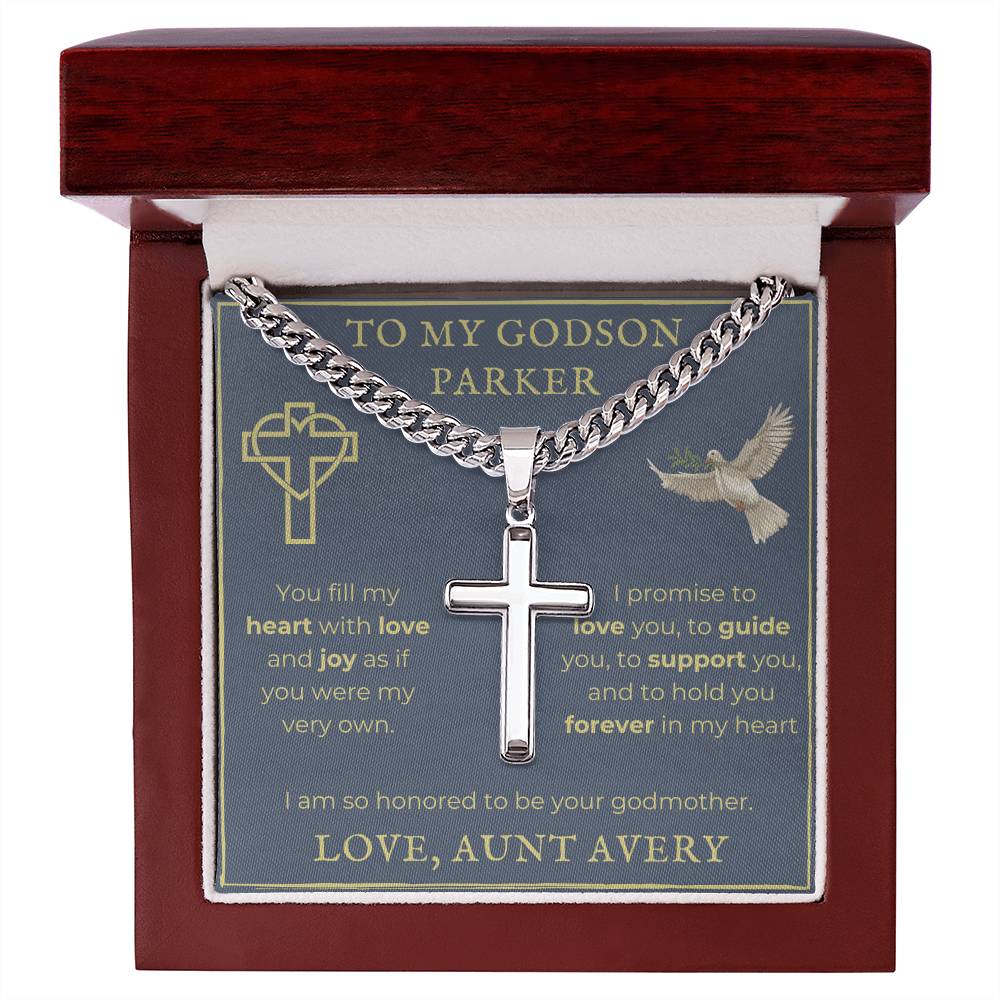 Personalized Godson Cuban Chain with Engravable Artisan Cross Necklace