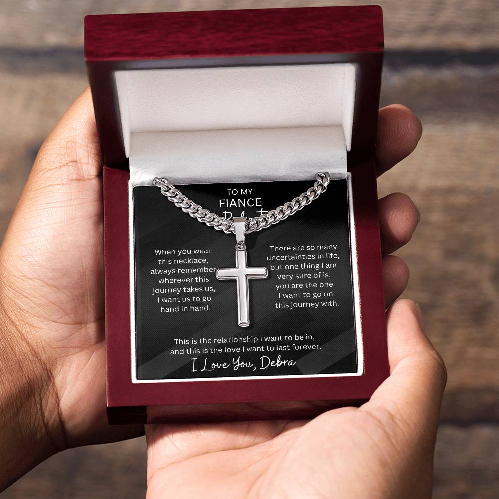 Personalized Fiance Cubin Link Chain With Engravable Cross Pendant Necklace