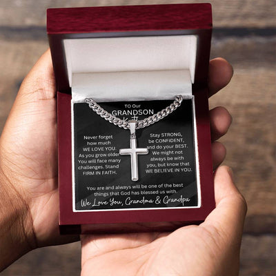 Personalized Grandson Cubin Link Chain & Engravable Cross Pendant Necklace