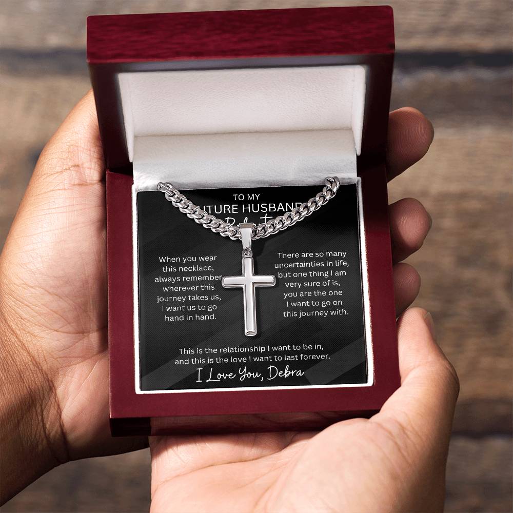 Personalized Future Husband Cubin Link Chain With Engravable Cross Pendant Necklace