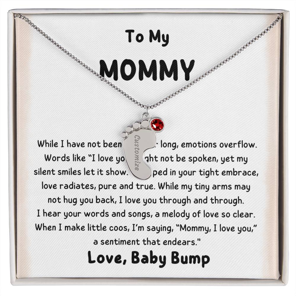 To Mommy Love Baby Bump Baby Engraved Feet with Birthstone Pendant Necklace