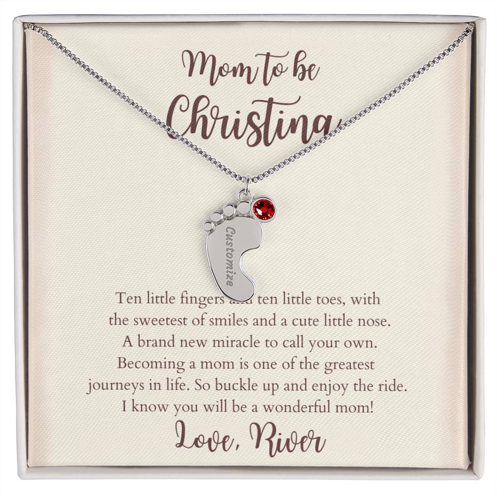 Personalized New Mom Engraved Baby Feet Necklace with Name & Birthstone