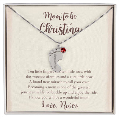 Personalized New Mom Engraved Baby Feet Necklace with Name & Birthstone