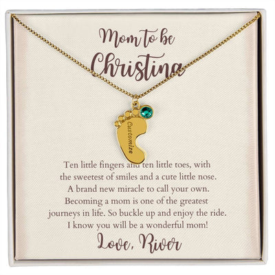 Personalized New Mom Engraved Baby Feet Necklace with Name & Birthstone