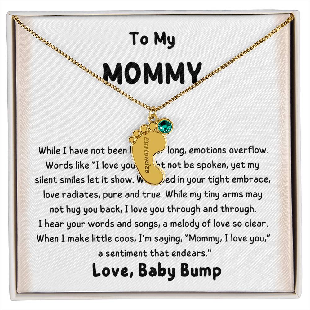 To Mommy Love Baby Bump Baby Engraved Feet with Birthstone Pendant Necklace