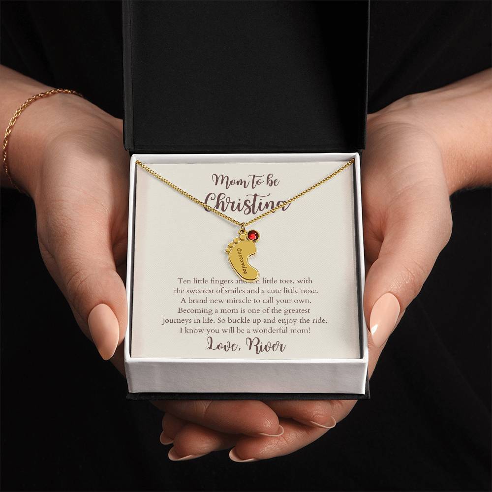 Personalized New Mom Engraved Baby Feet Necklace with Name & Birthstone