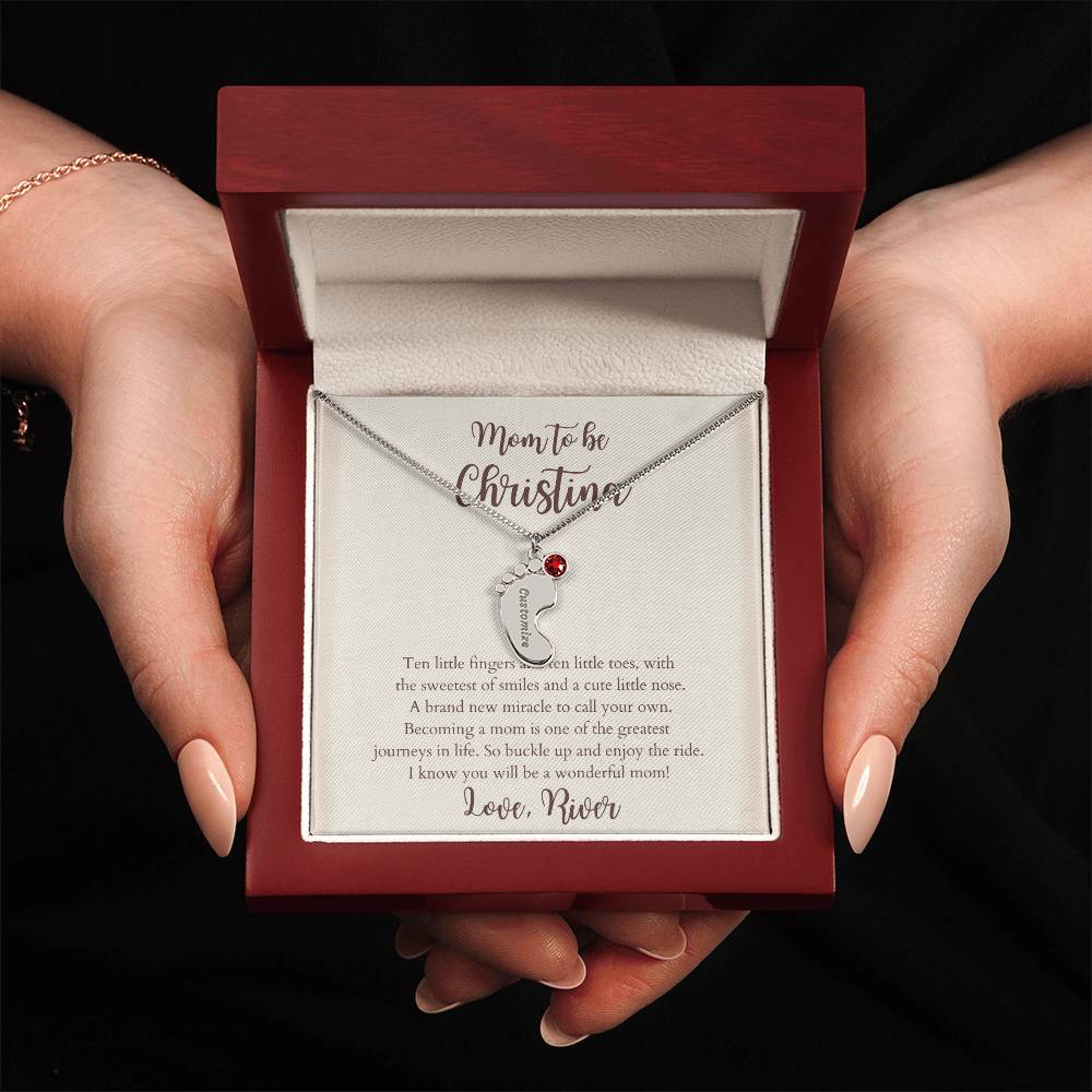 Personalized New Mom Engraved Baby Feet Necklace with Name & Birthstone