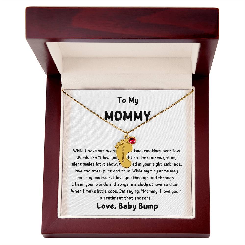 To Mommy Love Baby Bump Baby Engraved Feet with Birthstone Pendant Necklace