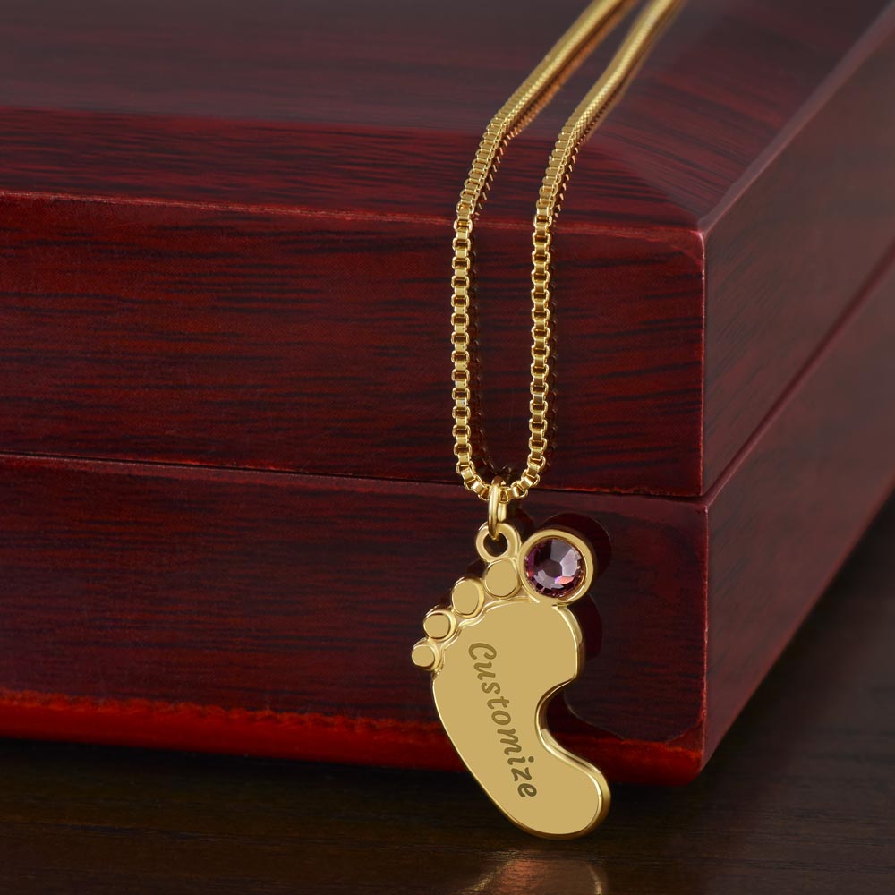 Personalized New Mom Engraved Baby Feet Necklace with Name & Birthstone