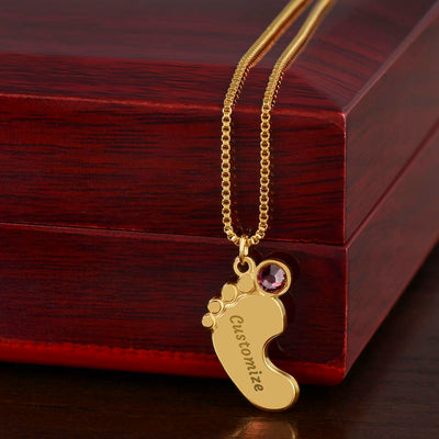 Personalized New Mom Engraved Baby Feet Necklace with Name & Birthstone