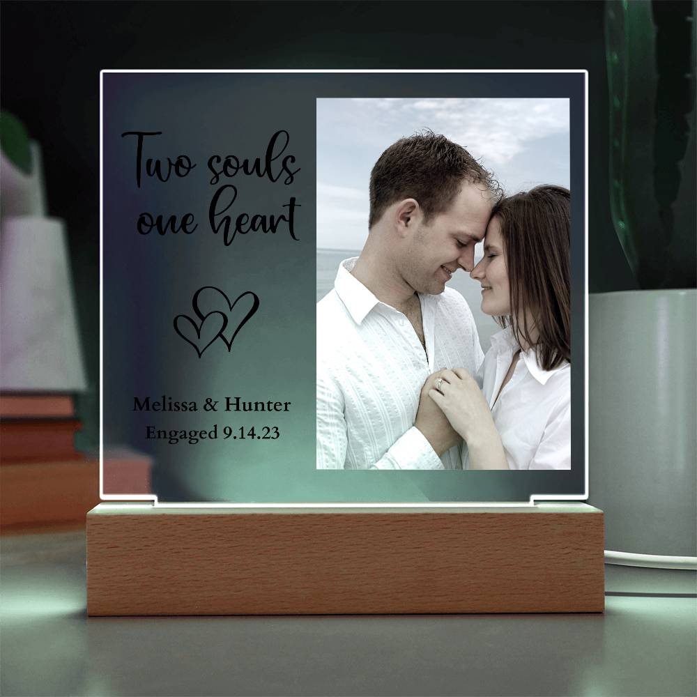 Personalized Engagement/Wedding Two Souls One Heart Led Lighted Square Acrylic Plaque