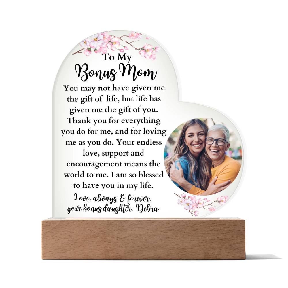 Personalized Bonus Mom LED Lighted Heart Plaque