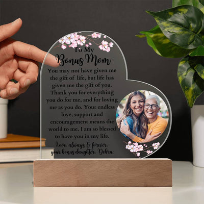 Personalized Bonus Mom LED Lighted Heart Plaque