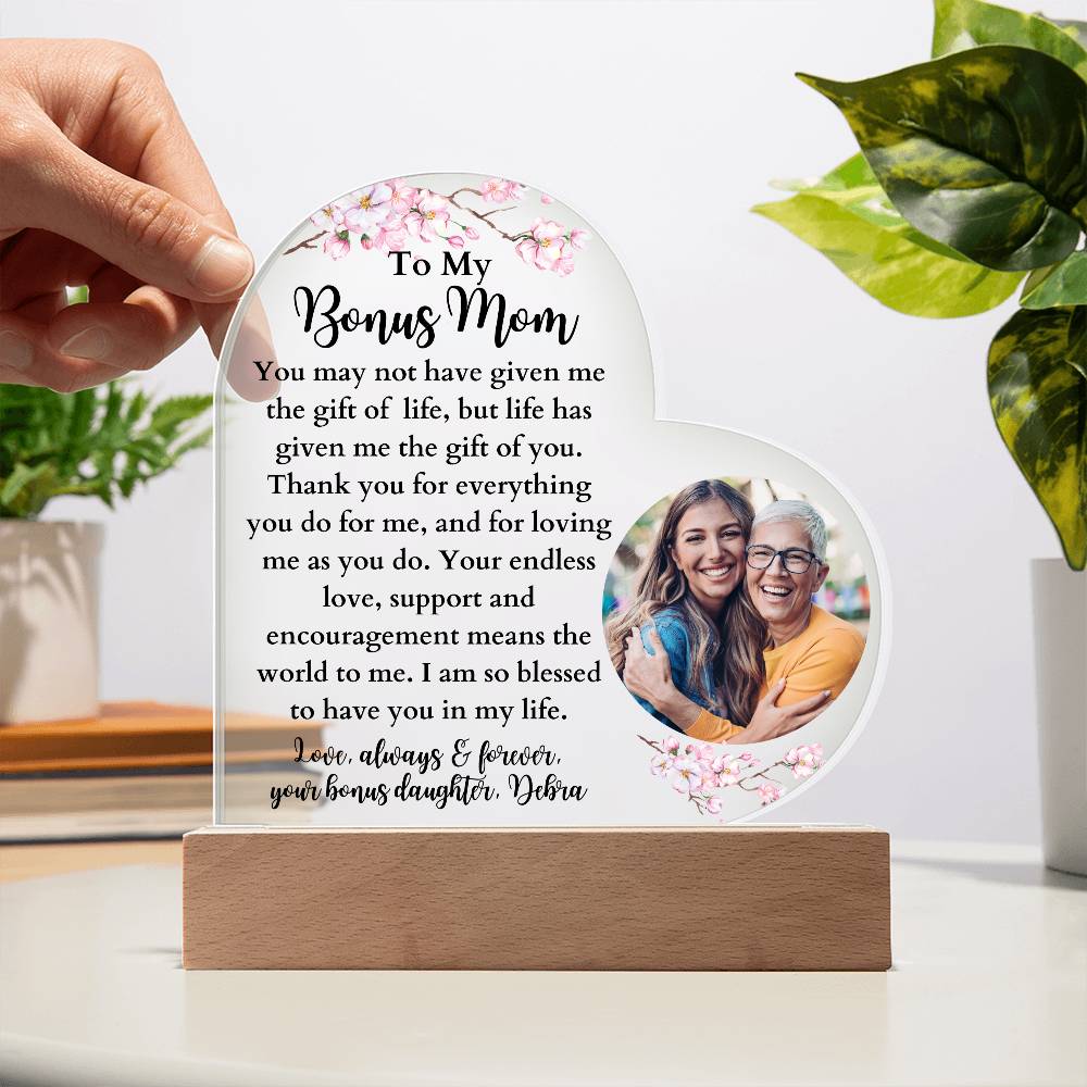 Personalized Bonus Mom LED Lighted Heart Plaque