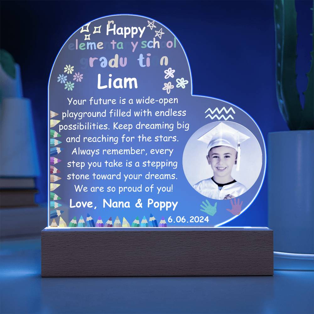 Personalized Photo Elementary School Graduation LED Lighted Heart Acrylic Plaque