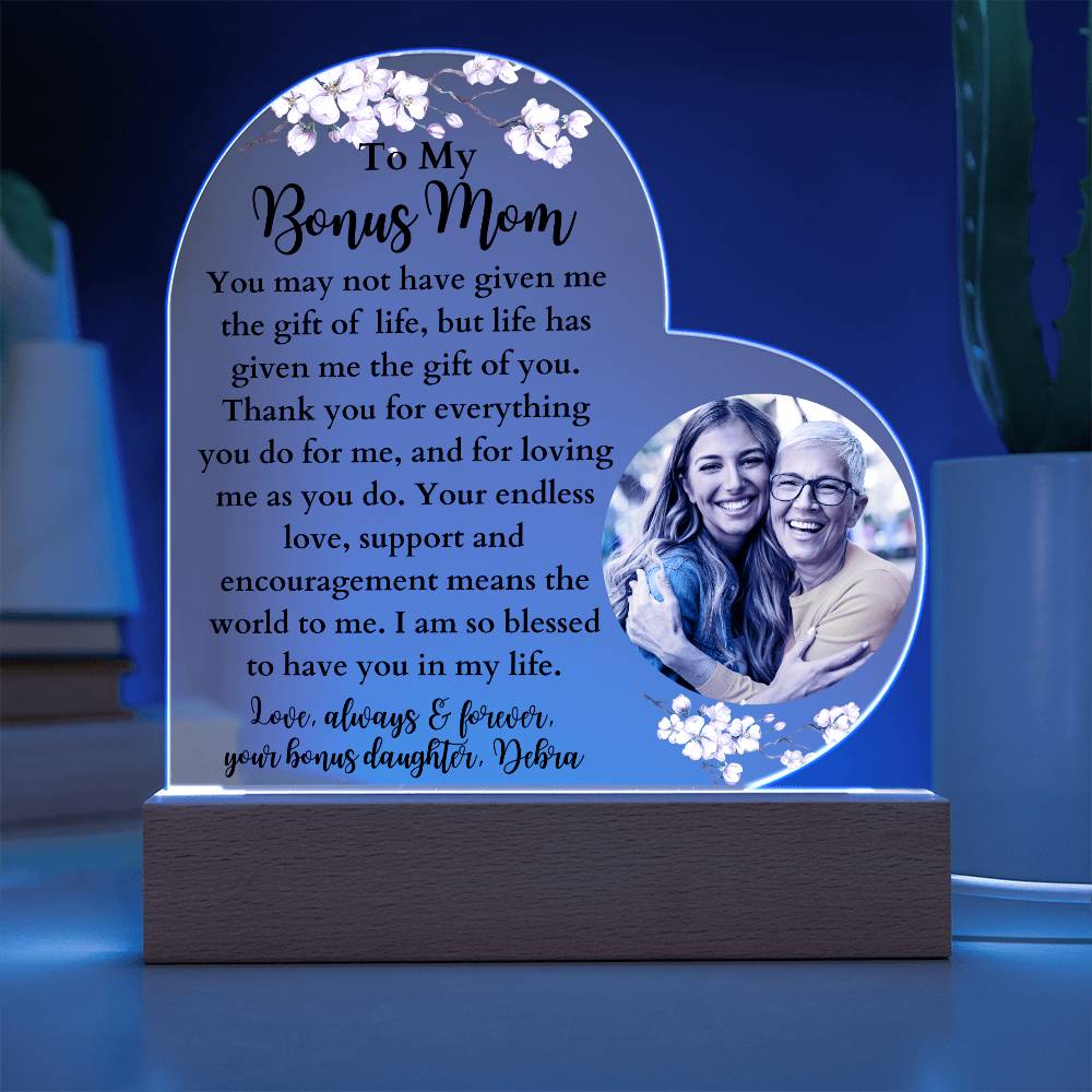 Personalized Bonus Mom LED Lighted Heart Plaque