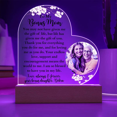 Personalized Bonus Mom LED Lighted Heart Plaque