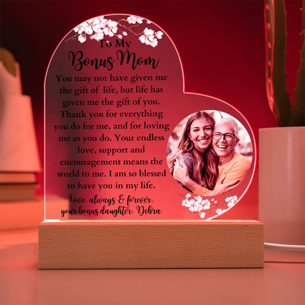 Personalized Bonus Mom LED Lighted Heart Plaque